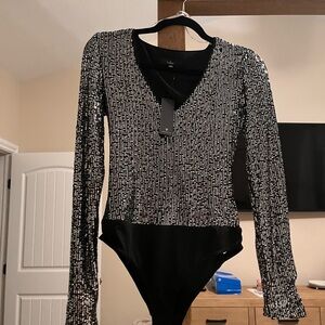 NWT Lulu's Sequined Black and Silver Bodysuit Size Small